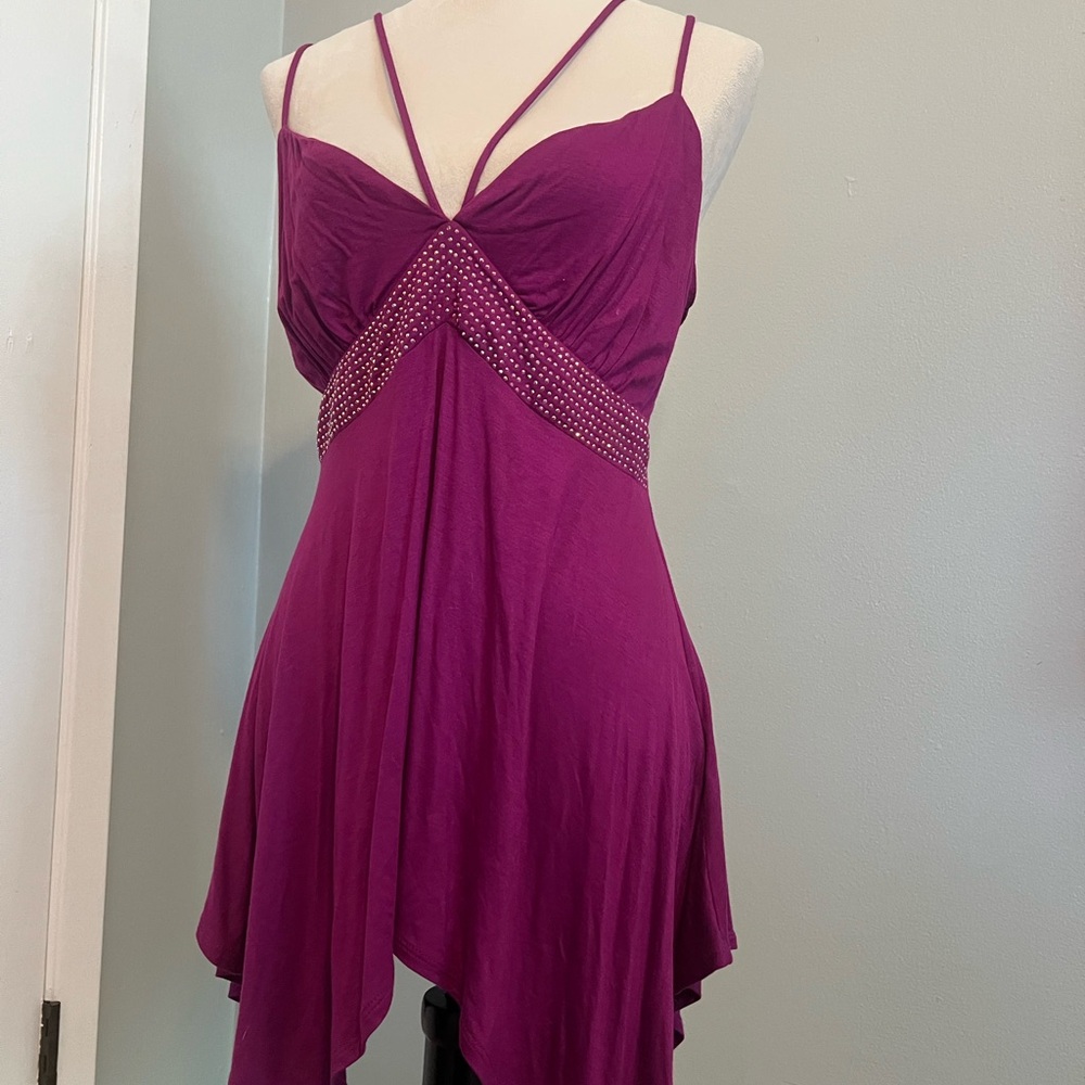 VENUS Asymmetrical Purple Dress with Strappy Neckline - Picture 3 of 5